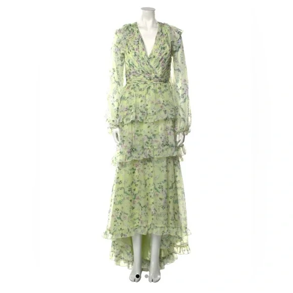 mac duggal green floral dress Green Floral Midi Dress with Ruffle Detailing main image 1